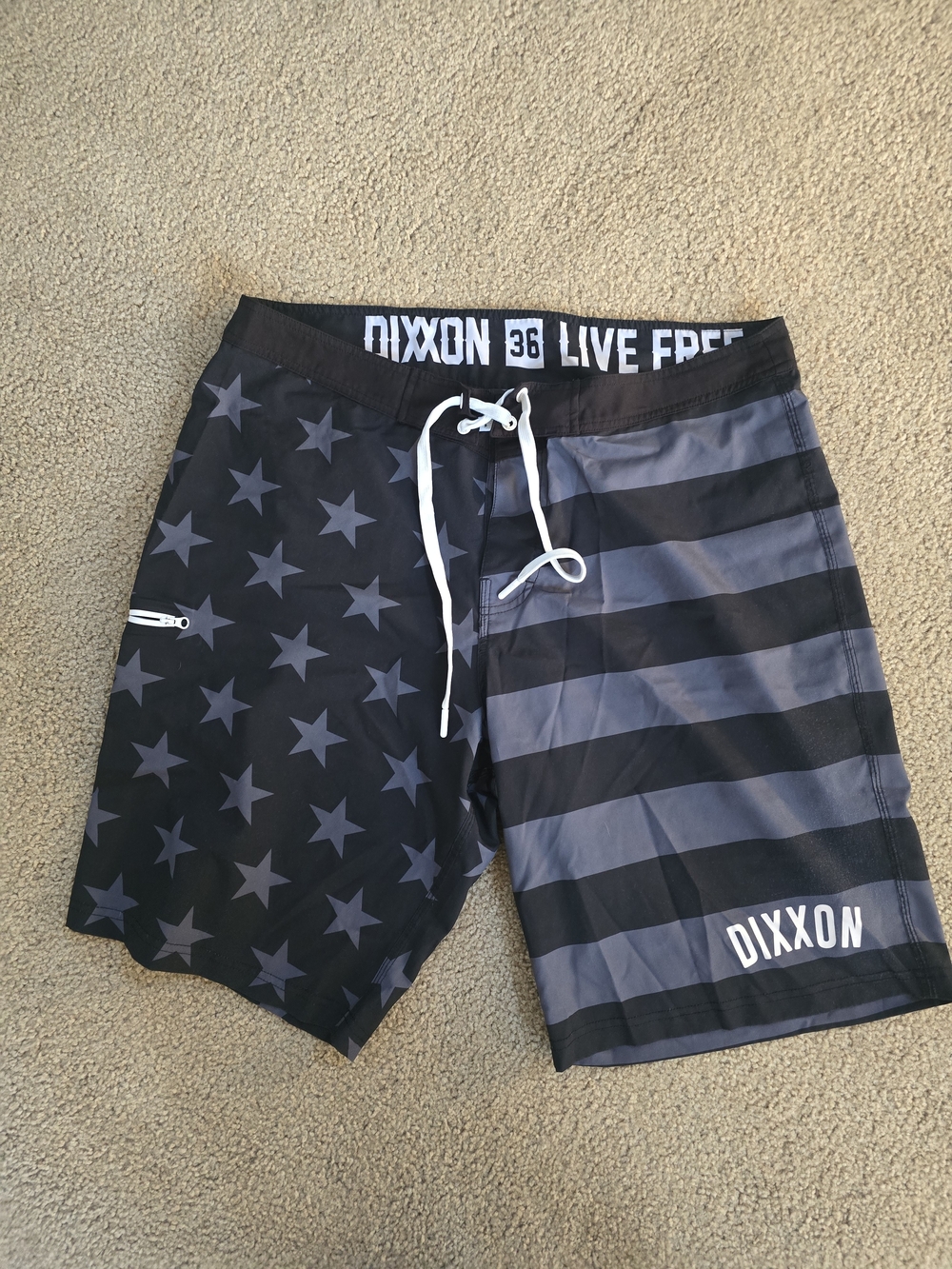 DIXXON Live Free Black and Gray American Flag Men’s Swim Board Shorts